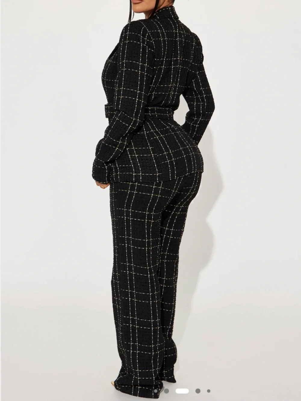 Fashion Nova Black Tweed Belted Blazer & Plaid Wide-Leg Trousers Set - Picture 2 of 2